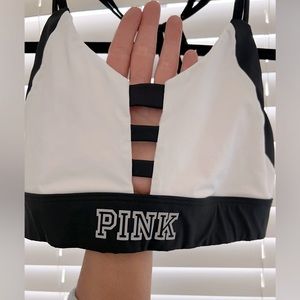 PINK sports bra white black strappy Victoria’s Secret